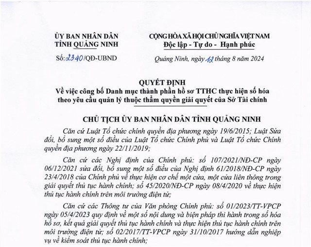 Công bố danh Danh mục thành phần hồ sơ TTHC thực hiện số hóa theo yêu cầu quản lý thuộc thẩm quyền giải quyết của Sở Tài chính