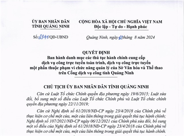 Ban hành danh mục các thủ tục hành chính cung cấp dịch vụ công trực tuyến toàn trình,dịch vụ công trực tuyến một phần thuộc phạm vi chức năng quản lý của Sở Văn hóa và Thể thao trên cổng dịch vụ công tỉnh Quảng Ninh