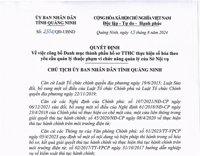 Công bố Danh mục thành phần hồ sơ TTHC thực hiện số hóa theo yêu cầu quản lý thuộc phạm vi chức năng quản lý của Sở Nội vụ