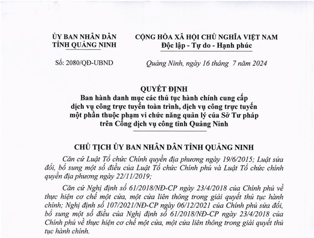 Ban hành danh mục các thủ tục hành chính cung cấp dịch vụ công trực tuyến toàn trình, dịch vụ công trực tuyến một phần thuộc phạm vi chức năng quản lý của Sở Tư pháp trên Cổng dịch vụ công tỉnh Quảng Ninh