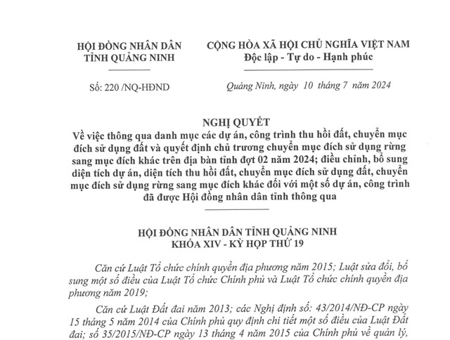 Nghị quyết số 220/NQ-HĐND ngày 10/7/2024 của Hội đồng nhân dân tỉnh Quảng Ninh