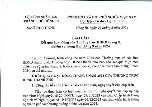 Báo cáo kết quả hoạt động của Thường trực HĐND tháng 8, nhiệm vụ trọng tâm tháng 9 năm 2024