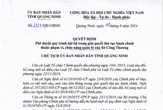 Phê duyệt quy trình nội bộ trong giải quyết thủ tục hành chính thuộc phạm vi, chức năng quản lý của Sở Công Thương