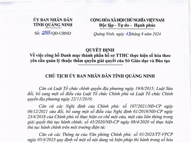 Công bố Danh mục thành phần hồ sơ TTHC thực hiện số hóa theo yêu cầu quản lý thuộc thẩm quyền giải quyết của Sở Giáo dục và Đào tạo