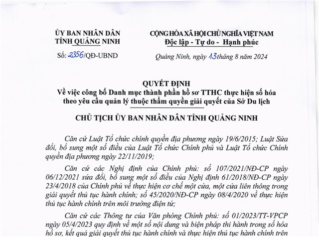 Công bố Danh mục thành phần hồ sơ TTHC thực hiện số hóa theo yêu cầu quản lý thuộc thẩm quyền giải quyết của Sở Du lịch