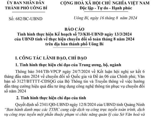 Báo cáo tình hình thực hiện kế hoạch số 73/KH-UBND ngày 13/3/2024 của UBND tỉnh về thực hiện chuyển đổi số toàn diện tháng 8 năm 2024 trên địa bàn thành phố Uông Bí