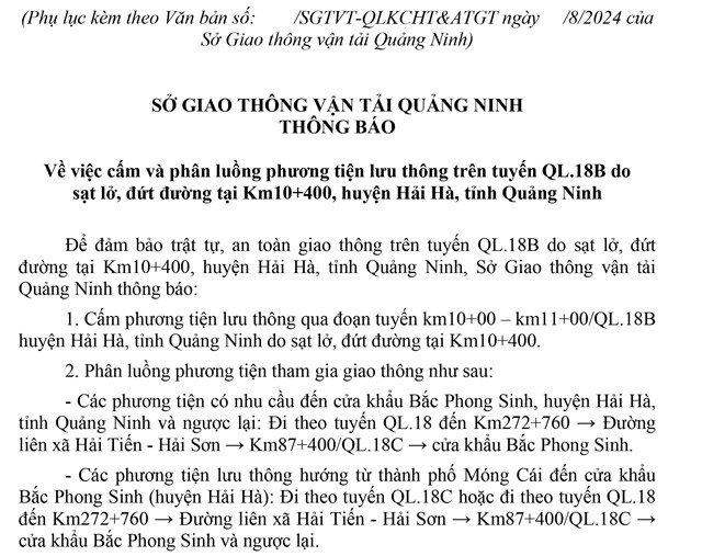 Thông báo cấm và phân luồng phương tiện lưu thông trên tuyến QL.18B do sạt lở, đứt đường tại Km 10+400, huyện Hải Hà, tỉnh Quảng Ninh