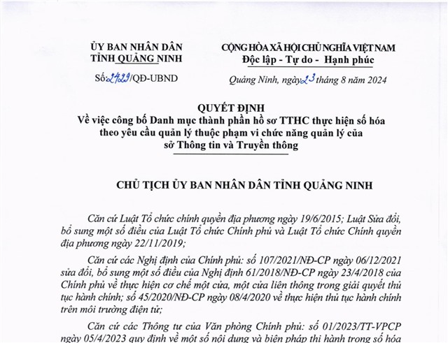 Công bố Danh mục thành phần hồ sơ TTHC thực hiện số hóa theo yêu cầu quản lý thuộc phạm vi chức năng quản lý của Sở Thông tin và Truyền thông