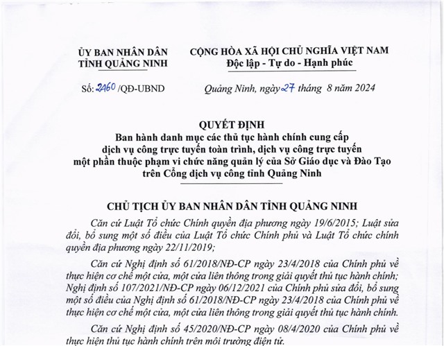 Ban hành danh mục các thủ tục hành chính cung cấp dịch vụ công trực tuyến toàn trình, dịch vụ công trực tuyến một phần thuộc phạm vi chức năng quản lý của Sở Giáo dục và Đào tạo trên cổng dịch vụ công tỉnh Quảng Ninh