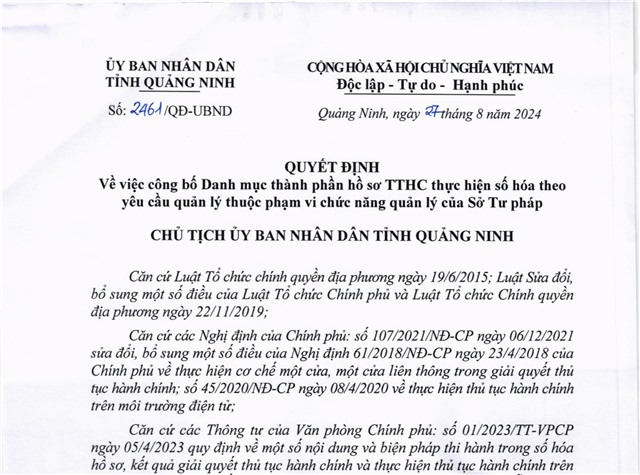 Công bố Danh mục thành phần hồ sơ TTHC thực hiện số hóa theo yêu cầu quản lý thuộc phạm vi chức năng quản lý của Sở Tư pháp