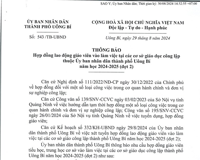 Thông báo hợp đồng lao động giáo viên vào làm việc tại các cơ sở giáo dục công lập thuộc UBND thành phố Uông Bí năm học 2024-2025 (đợt 2)