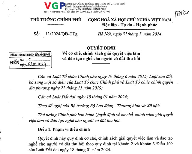 Quyết định số 12/2024/QĐ-TTg của Thủ tướng Chính phủ: Về cơ chế, chính sách giải quyết việc làm và đào tạo nghề cho người có đất thu hồi