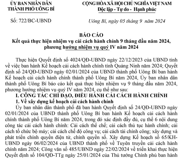 Báo cáo kết quả thực hiện nhiệm vụ cải cách hành chính 9 tháng đầu năm 2024, phương hướng nhiệm vụ quý IV năm 2024