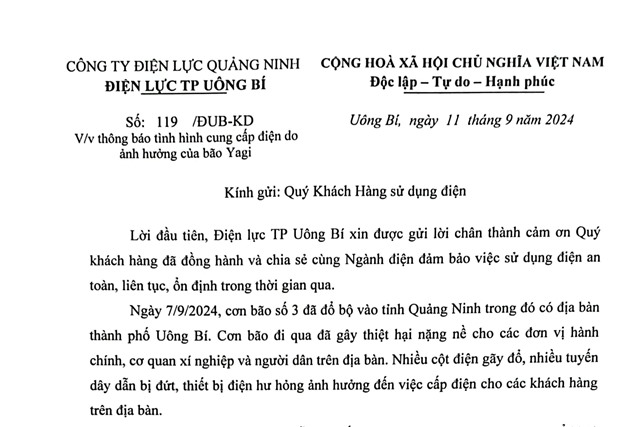 Thông báo tình hình cung cấp điện do ảnh hưởng của bão Yagi