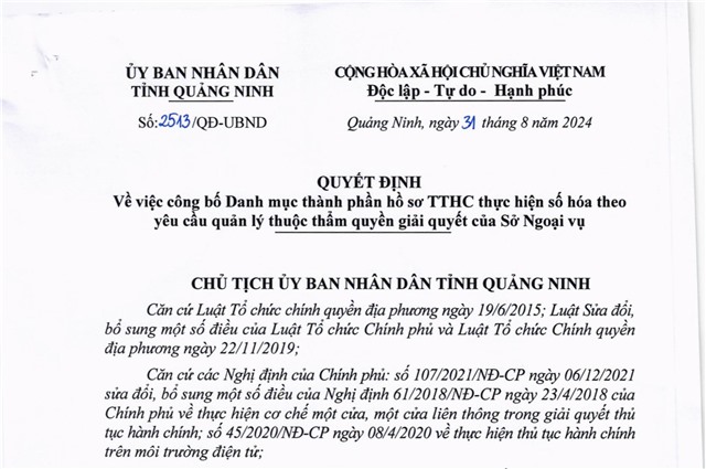 Công bố Danh mục thành phần hồ sơ TTHC thực hiện số hóa theo yêu cầu quản lý thuộc thẩm quyền giải quyết của Sở Ngoại vụ