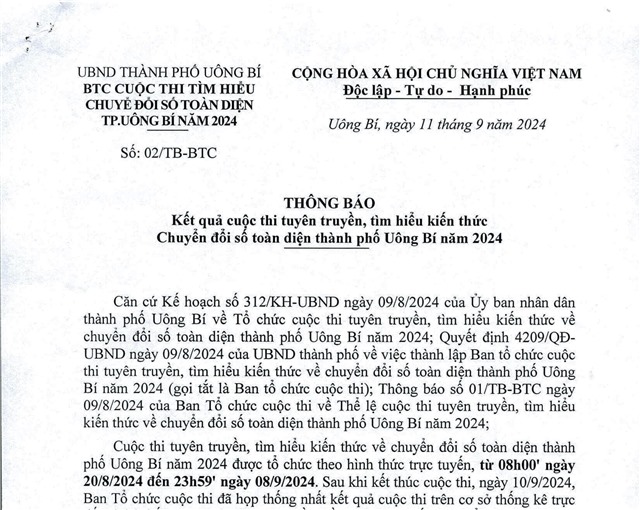 Thông báo kết quả cuộc thi tuyên truyền, tìm hiểu kiến thức Chuyển đổi số toàn diện thành phố Uông Bí năm 2024