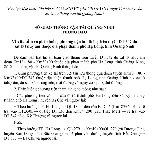 Thông báo cấm và phân luồng phương tiện lưu thông trên tuyến ĐT.342 do sạt lở taluy âm thuộc địa phận TP Hạ Long, tỉnh Quảng Ninh