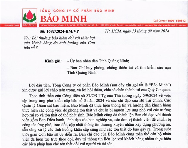 Thông báo Bồi thường bảo hiểm đối với thiệt hại của khách hàng do ảnh hưởng của cơn bão số 3 của Tổng Công ty CP Bảo Minh