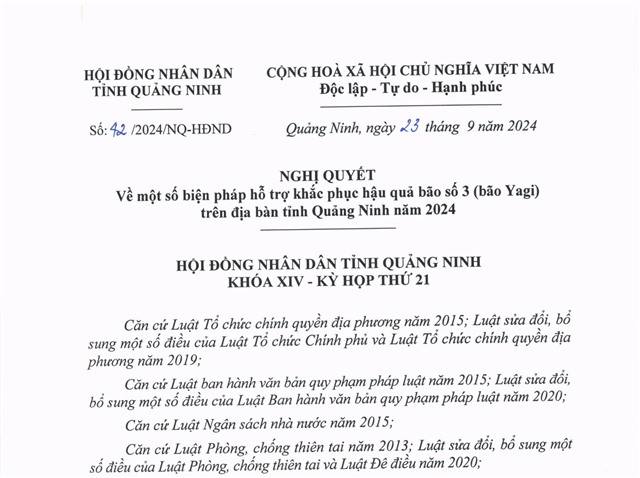 Nghị quyết về một số biện pháp hỗ trợ khắc phục hậu quả bão số 3 (bão Yagi) trên địa bàn tỉnh Quảng Ninh năm 2024