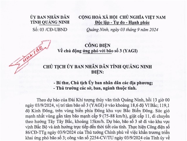 Công điện của Chủ tịch UBND tỉnh Quảng Ninh về chủ động ứng phó với bão số 3 (YAGI)