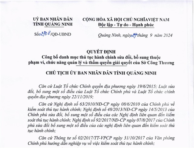 Công bố danh mục thủ tục hành chính sửa đổi, bổ sung thuộc phạm vi, chức năng quản lý và thẩm quyền giải quyết của Sở Công Thương