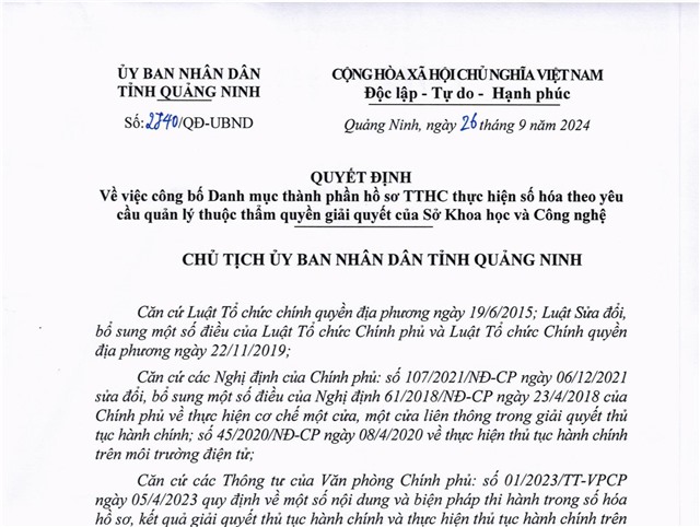 Công bố danh mục thành phần hồ sơ TTHC thực hiện số hóa theo yêu cầu quản lý thuộc thẩm quyền giải quyết của Sở Khoa học và Công nghệ