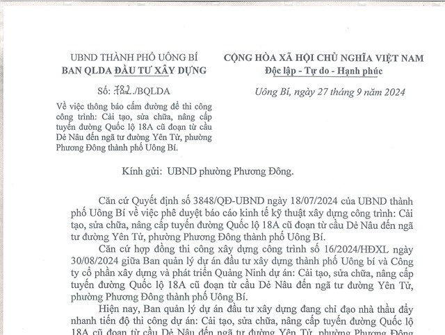 Thông báo cấm đường để thi công công trình: Cải tạo, sửa chữa, nâng cấp tuyến đường Quốc lộ 18A cũ đoạn từ cầu Dẻ Nâu đến ngã tư đường Yên Tử, phường Phương Đông, thành phố Uông Bí