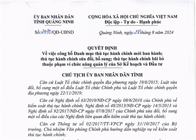 Công bố Danh mục thủ tục hành chính mới ban hành, thủ tục hành chính sửa đổi, bổ sung; thủ tục hành chính bãi bỏ thuộc phạm vi, chức năng quản lý của Sở Kế hoạch và Đầu tư 