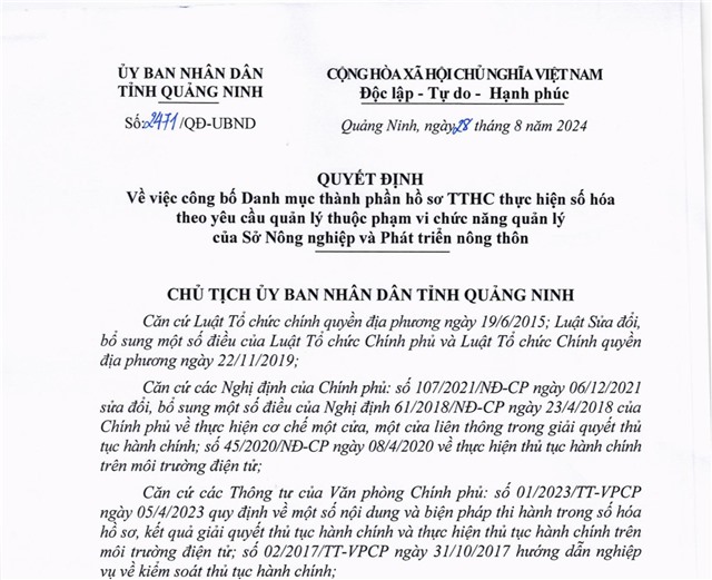 Công bố Danh mục thành phần hồ sơ TTHC thực hiện số hóa theo yêu cầu quản lý thuộc phạm vi chức năng quản lý của Sở Nông nghiệp và Phát triển nông thôn