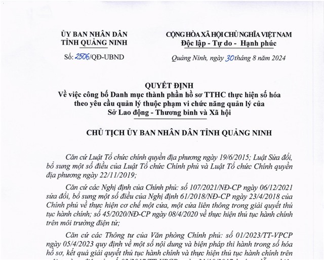 Công bố Danh mục thành phần hồ sơ TTHC thực hiện số hóa theo yêu cầu quản lý thuộc phạm vi chức năng quản lý của Sở Lao động - Thương binh và Xã hội