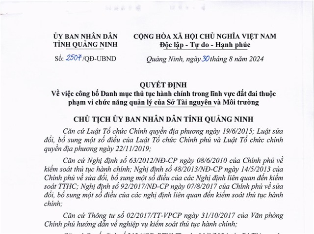 Công bố danh mục thủ tục hành chính trong lĩnh vực đất đai thuộc phạm vi chức năng quản lý của Sở Tài nguyên và Môi trường