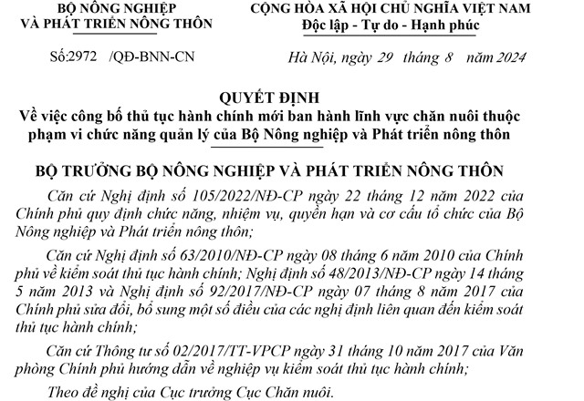 Công bố thủ tục hành chính mới ban hành lĩnh vực chăn nuôi thuộc phạm vi chức năng quản lý của Bộ Nông nghiệp và Phát triển nông thôn