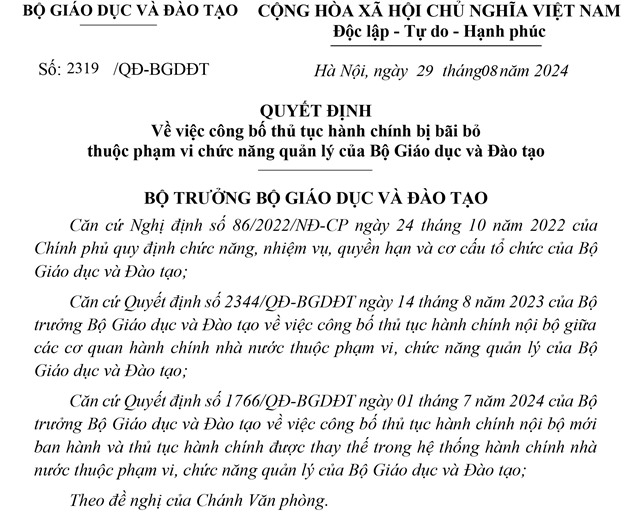 Công bố thủ tục hành chính bị bãi bỏ thuộc phạm vi chức năng, quản lý của Bộ Giáo dục và Đào tạo