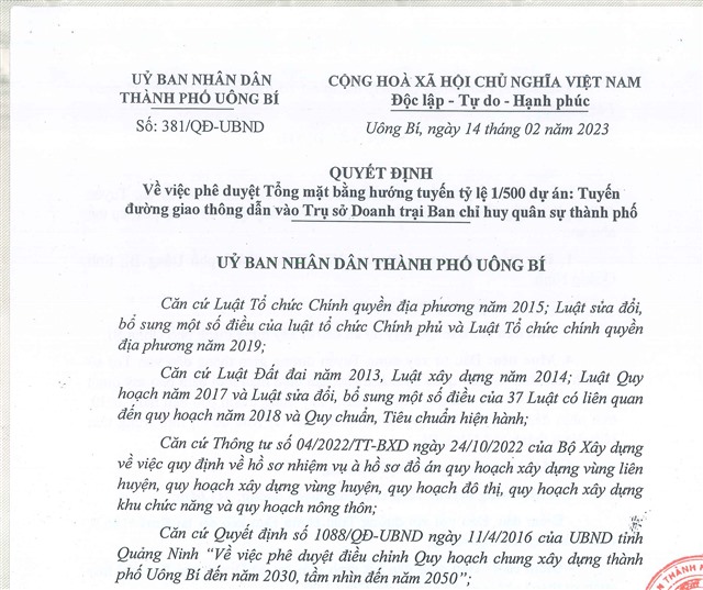 Quyết định về việc Phê duyệt Tổng mặt bằng hướng tuyến tỷ lệ 1/500 dự án: Tuyến đường giao thông dẫn vào Trụ sở doanh trại Ban Chỉ huy Quân sự thành phố