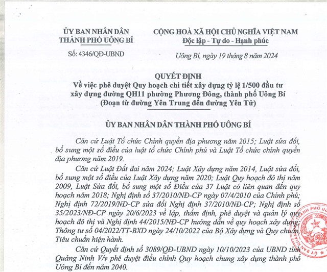 Quyết định về việc Phê duyệt quy hoạch chi tiết xây dựng tỷ lệ 1/500 đầu tư xây dựng đường QH11 phường Phương Đông, thành phố Uông Bí (Đoạn từ đường Yên Trung đến đường Yên Tử)