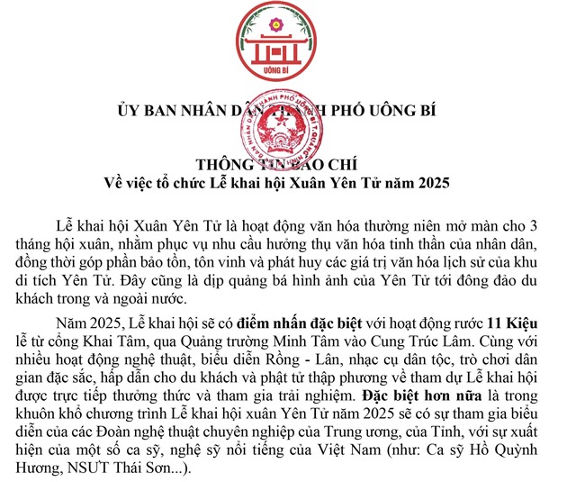 Thông tin báo chí về việc tổ chức Lễ khai hội Xuân Yên Tử năm 2025