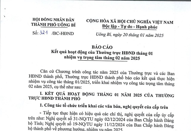 Báo cáo kết quả hoạt động của Thường trực HĐND tháng 01 nhiệm vụ trọng tâm tháng 02 năm 2025