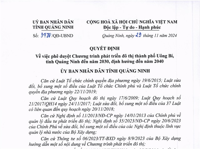 Quyết định về việc phê duyệt chương trình phát triển đô thị thành phố Uông Bí, tỉnh Quảng Ninh đến năm 2030, định hướng đến năm 2040