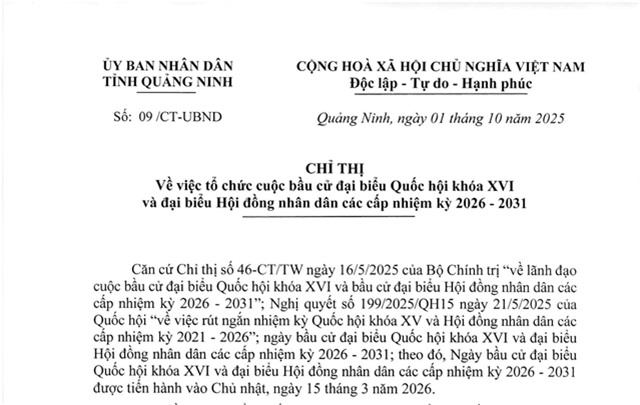 Chỉ thị về việc Tổ chức cuộc bầu cử đại biểu Quốc hội khóa XVI và đại biểu Hội đồng nhân dân các cấp nhiệm kỳ 2026-2031 