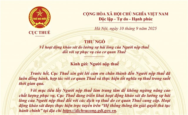 Thư ngỏ Về hoạt động khảo sát đo lường sự hài lòng của Người nộp thuế đối với sự phục vụ của cơ quan Thuế