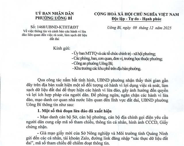 Cảnh báo các hành vi lừa đảo liên quan đến việc rà soát, làm sạch dữ liệu đất đai