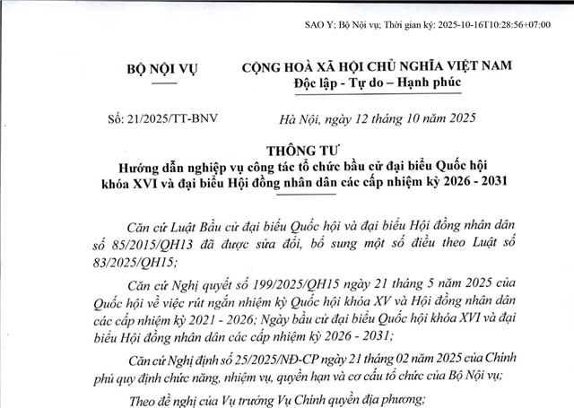 Hướng dẫn nghiệp vụ công tác tổ chức bầu cử đại biểu Quốc hội khóa XVI và đại biểu Hội đồng nhân dân các cấp nhiệm kỳ 2026 - 2031
