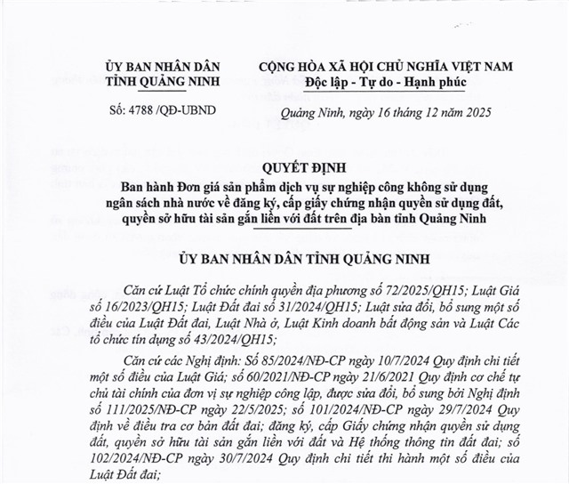 Quyết định Ban hành đơn giá sản phẩm dịch vụ sự nghiệp công không sử dụng ngân sách nhà nước về đăng ký, cấp giấy chứng nhận quyền sử dụng đất, quyền sở hữu tài sản gắn liền với đất trên địa bàn tỉnh Quảng Ninh