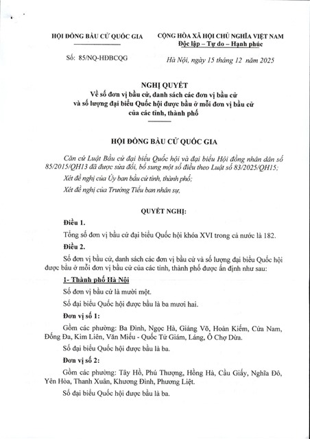 Nghị quyết về số đơn vị bầu cử, danh sách các đơn vị bầu cử và số lượng đại biểu Quốc hội được bầu ở mỗi đơn vị bầu cử của các tỉnh, thành phố