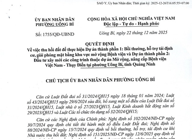 Quyết định Về việc thu hồi đất để thực hiện Dự án thành phần 1: Bồi thường, hỗ trợ tái định cư, giải phóng mặt bằng khu vực mở rộng Bệnh viện ...
