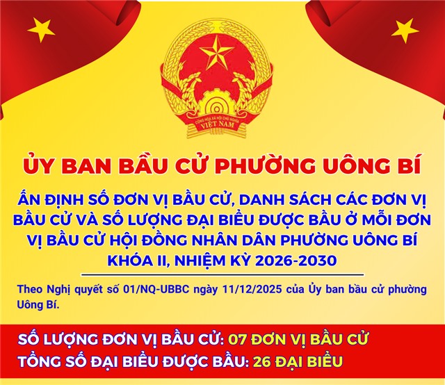 ỦY BAN BẦU CỬ PHƯỜNG UÔNG BÍ: ẤN ĐỊNH SỐ ĐƠN VỊ BẦU CỬ, DANH SÁCH CÁC ĐƠN VỊ BẦU CỬ VÀ SỐ LƯỢNG ĐẠI BIỂU ĐƯỢC BẦU Ở MỖI ĐƠN VỊ BẦU CỬ HĐND PHƯỜNG UÔNG BÍ KHÓA II, NHIỆM KỲ 2026-2030