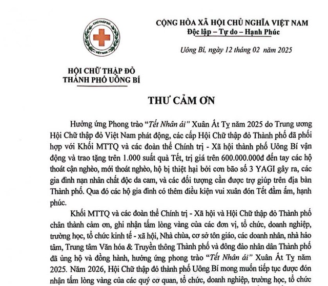 THƯ CẢM ƠN CỦA HỘI CHỮ THẬP ĐỎ TP UÔNG BÍ