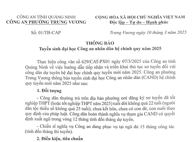 Thông báo tuyển sinh Đại học Công an nhân dân hệ chính quy năm 2025