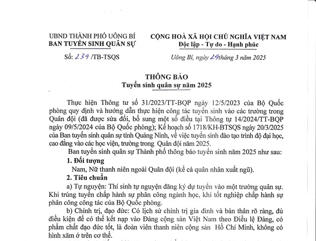 Thông báo tuyển sinh quân sự năm 2025