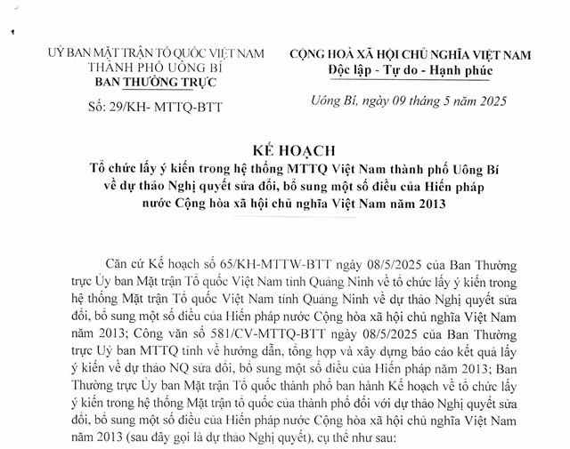 Kế hoạch tổ chức lấy ý kiến trong hệ thống MTTQ Việt Nam thành phố Uông Bí về dự thảo Nghị quyết sửa đổi, bổ sung một số điều của Hiến pháp nước Cộng hòa Xã hội Chủ nghĩa Việt Nam năm 2013